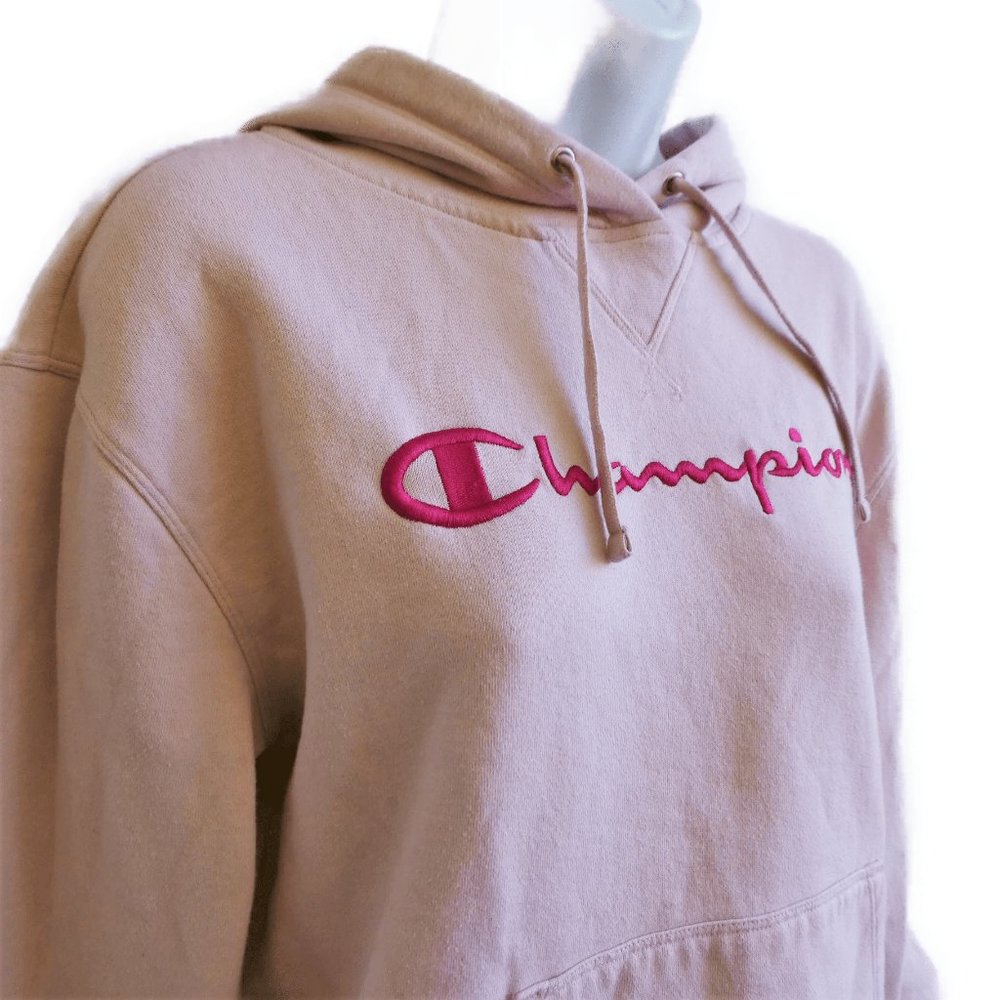 Champion Pink Hoodie Sweatshirt Streetwear Embroidered Spell Out Kangaroo Pocket
